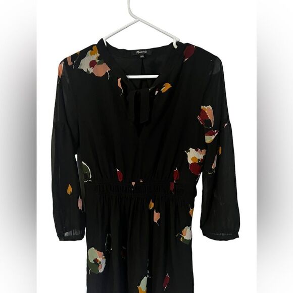 Madewell Black Floral Tie Dress F9892 tie neck - Picture 3 of 6